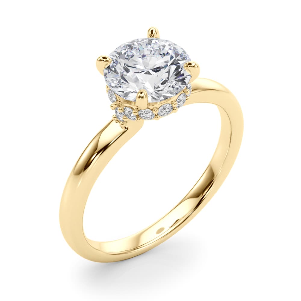 Round Hidden Halo Engagement Ring, style 85400, Angle view in yellow gold