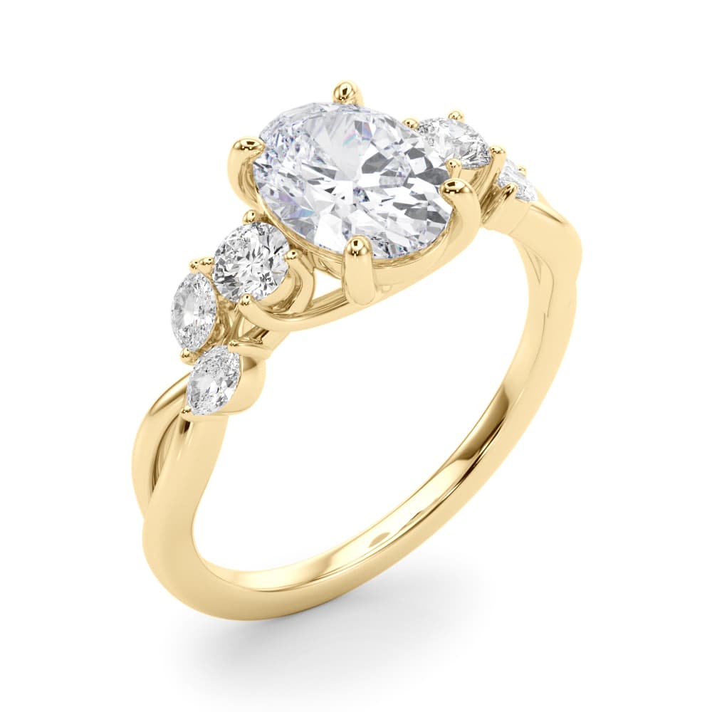 Scattered Oval Engagement Ring, style 85401, Angle view in yellow gold