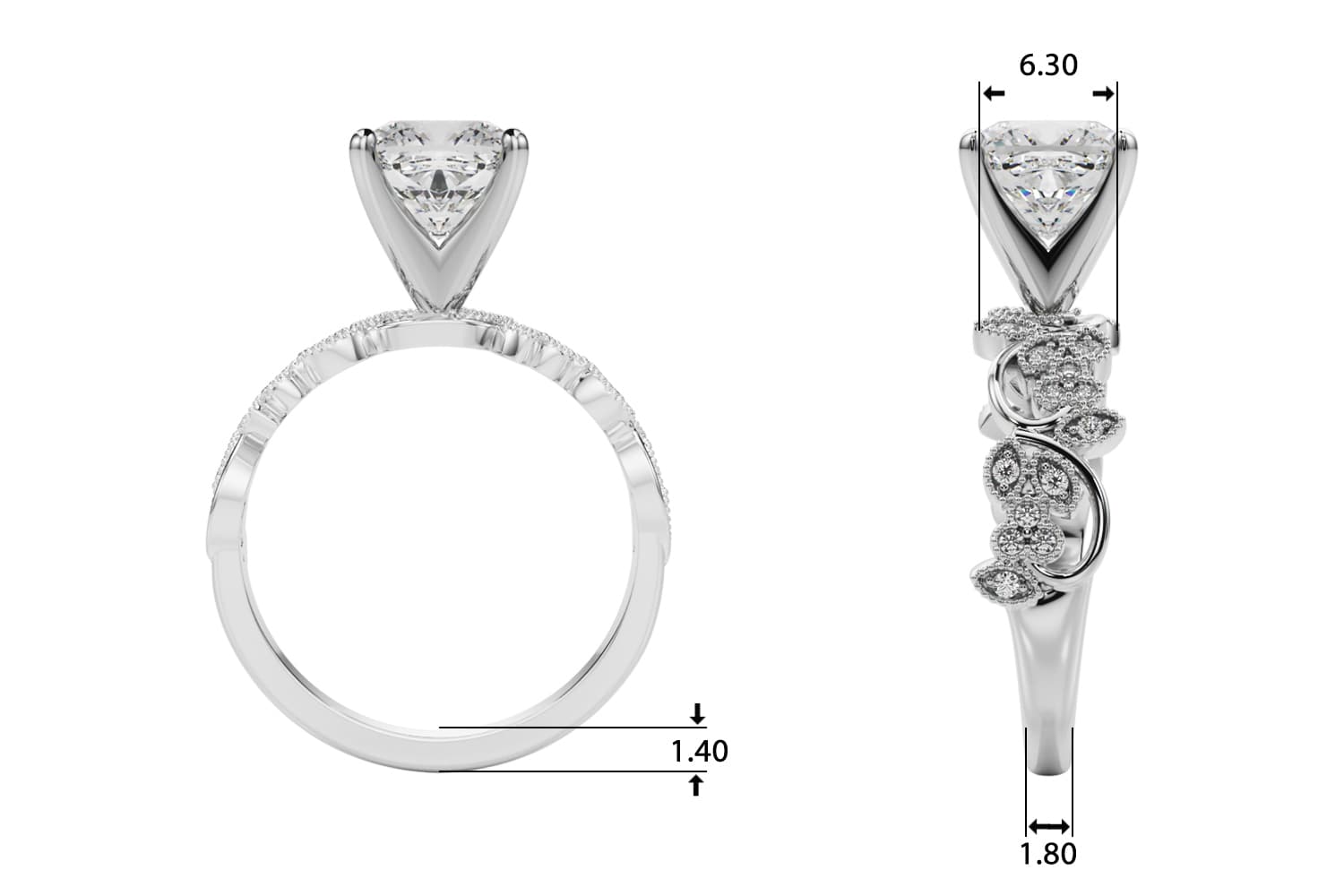 Floral Engagement Ring, style 85403, Top view in white gold or platinum