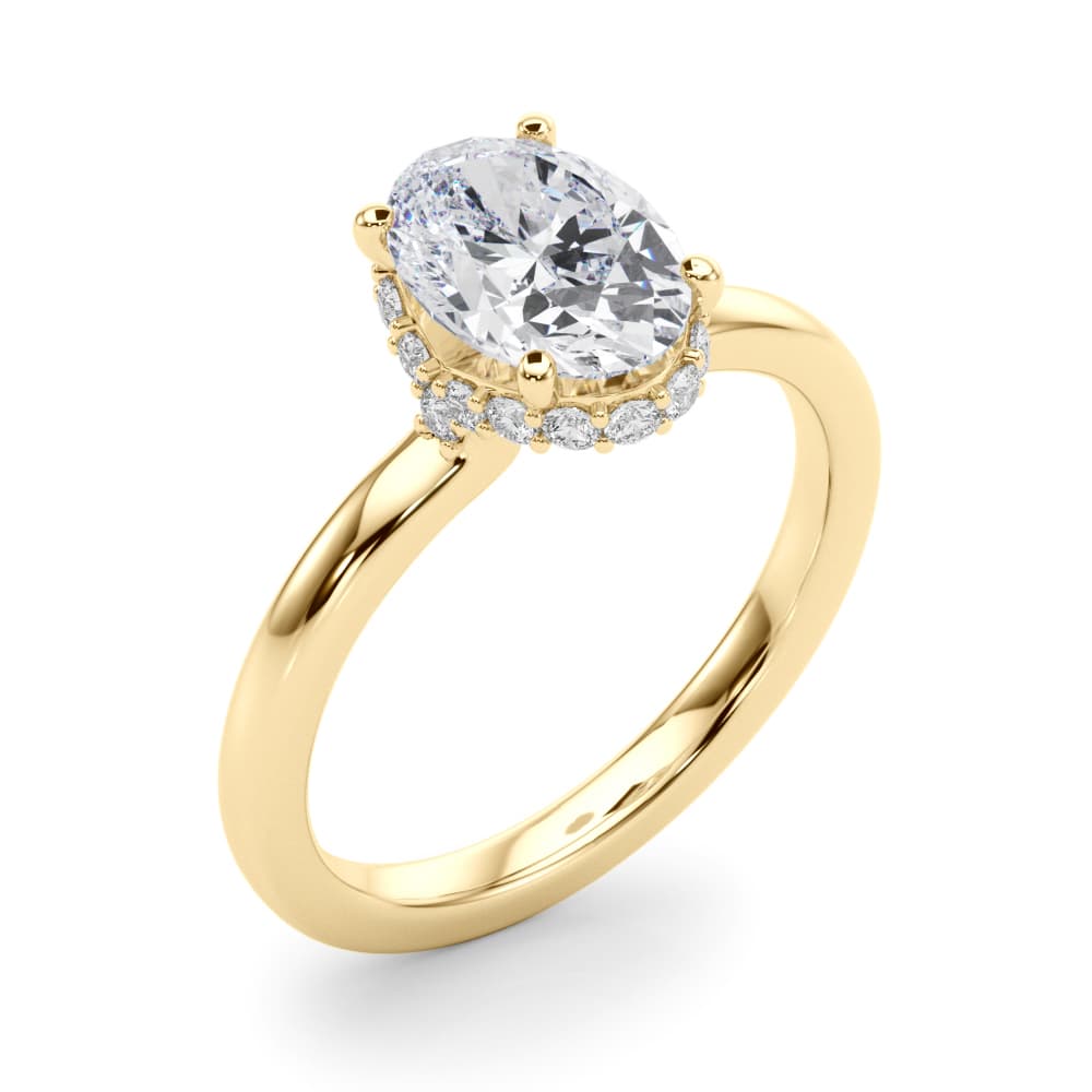 Hidden Halo Oval Engagement Ring, style 85406, Angle view in yellow gold