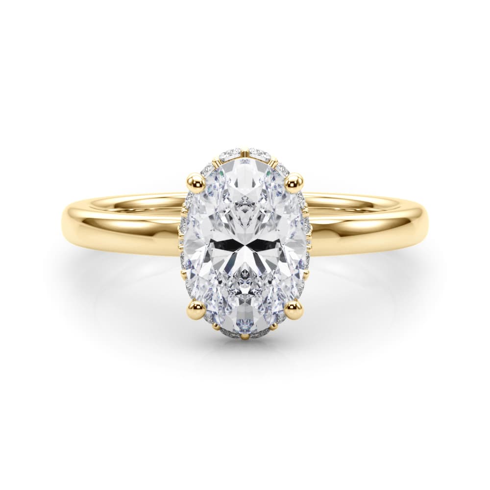 Hidden Halo Oval Engagement Ring, style 85406, On hand view in yellow gold