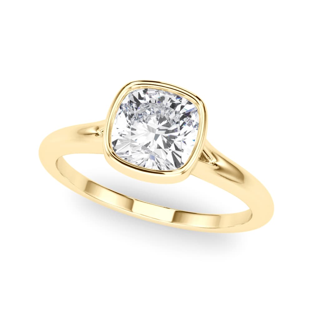 Bezel Set Cushion Solitaire Engagement Ring, style 85414, Front view in yellow gold