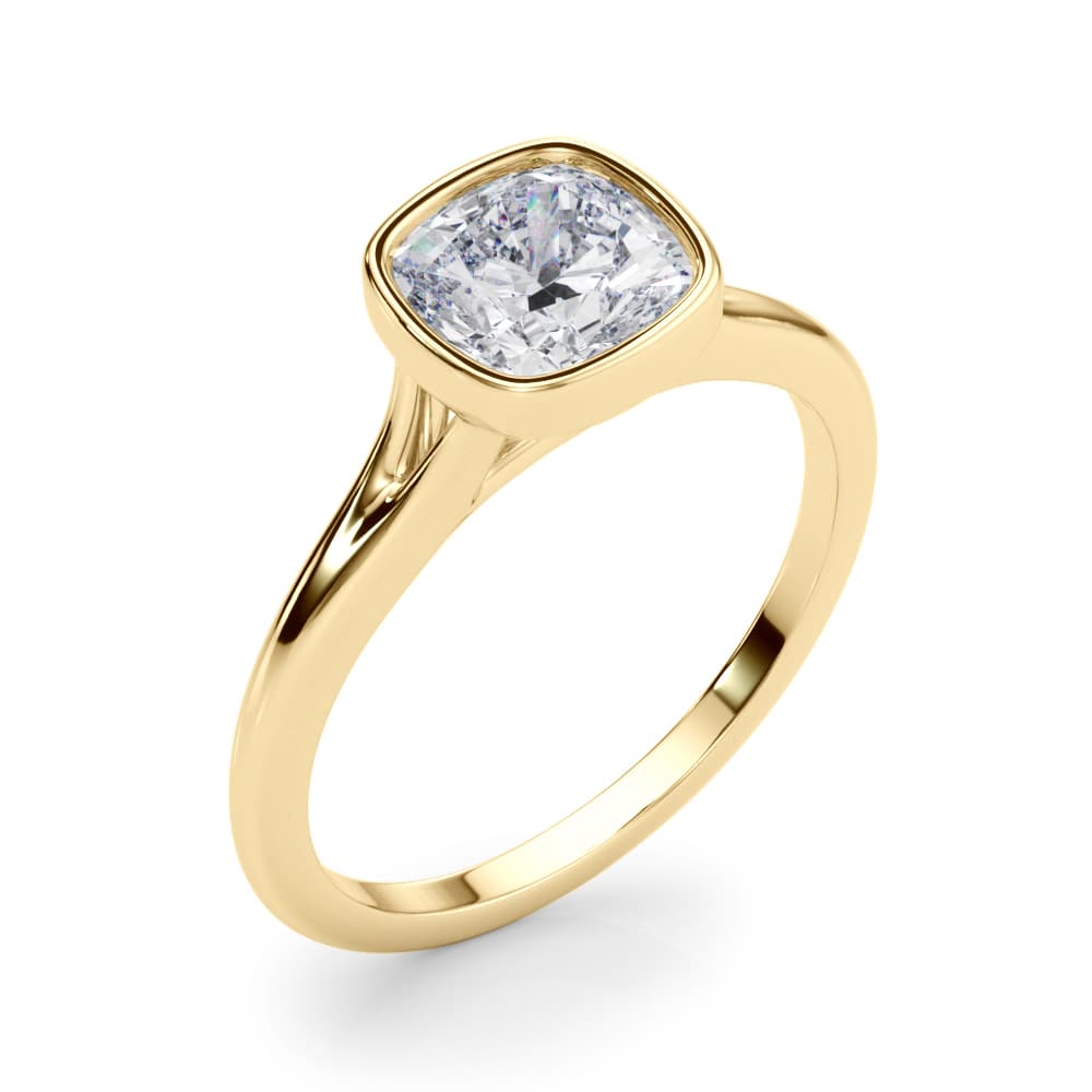 Bezel Set Cushion Solitaire Engagement Ring, style 85414, Angle view in yellow gold
