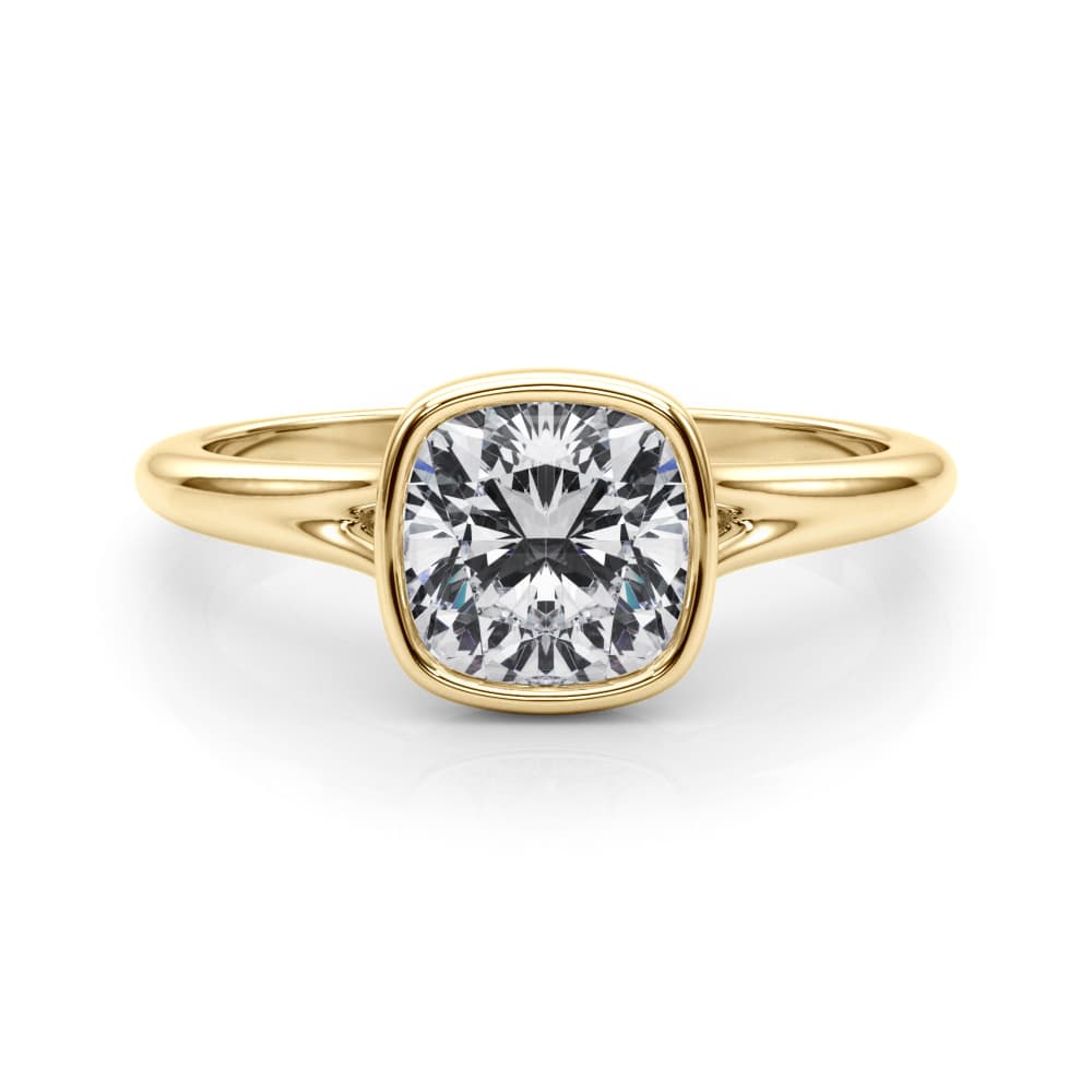 Bezel Set Cushion Solitaire Engagement Ring, style 85414, On hand view in yellow gold
