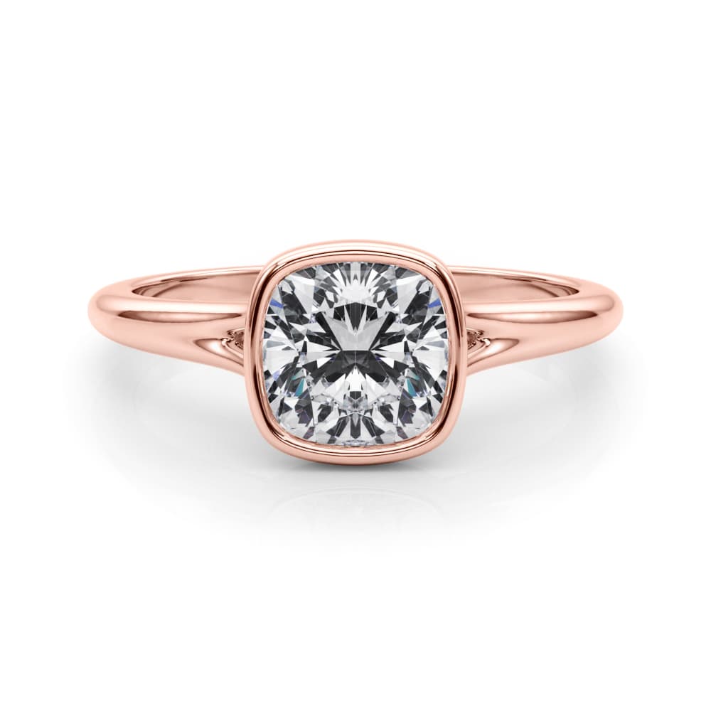 Bezel Set Cushion Solitaire Engagement Ring, style 85414, On hand view in rose gold