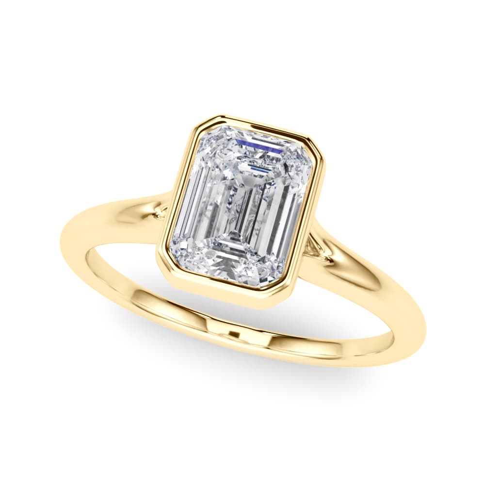 Bezel Set Emerald Cut Solitaire Engagement Ring, style 85415, Front view in yellow gold