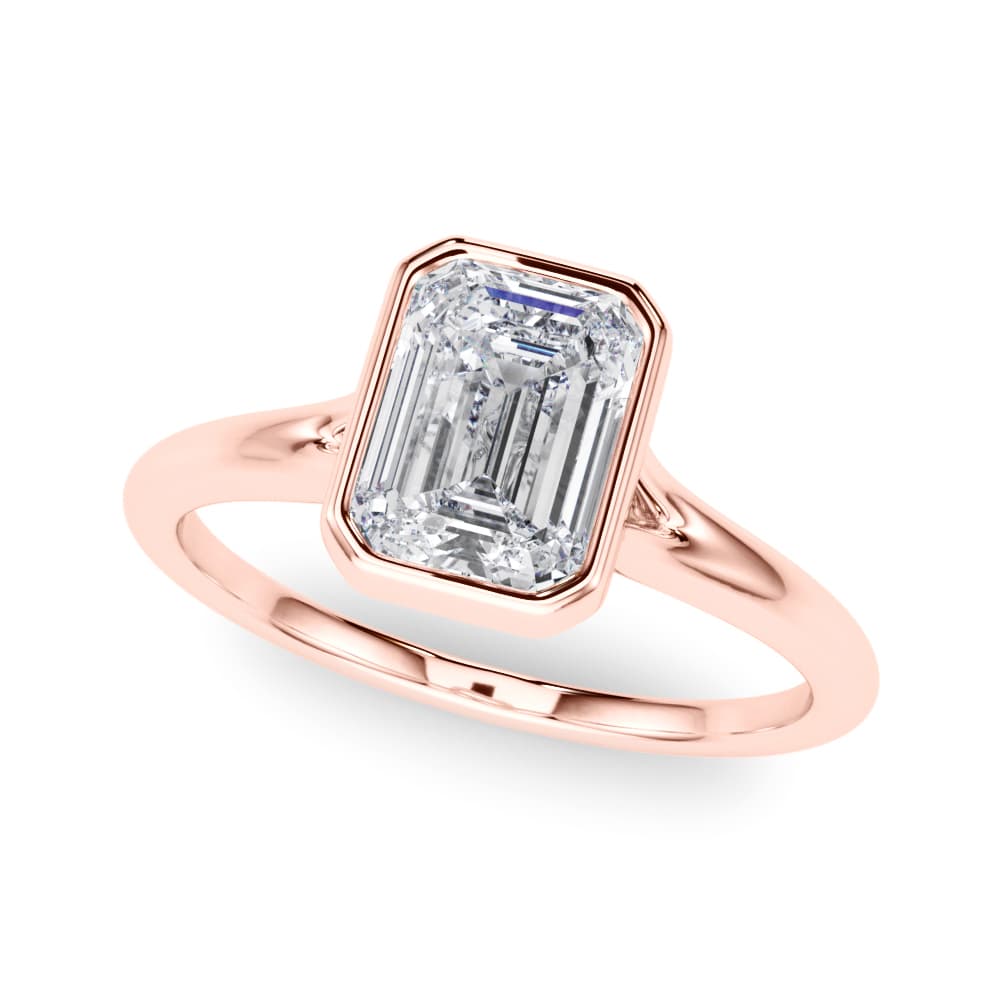 Bezel Set Emerald Cut Solitaire Engagement Ring, style 85415, Front view in rose gold
