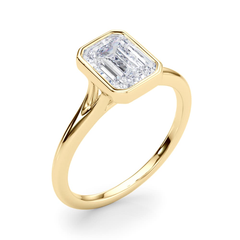 Bezel Set Emerald Cut Solitaire Engagement Ring, style 85415, Angle view in yellow gold