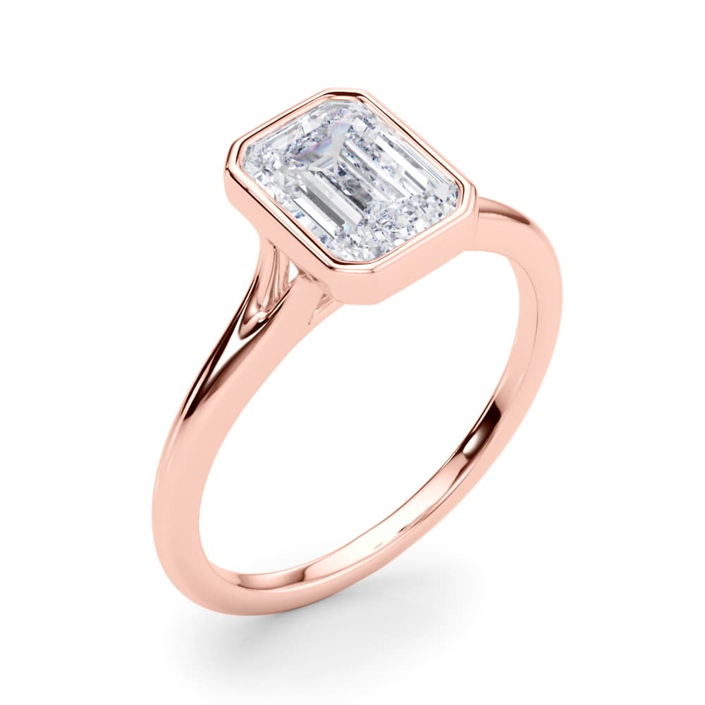 Bezel Set Emerald Cut Solitaire Engagement Ring, style 85415, Angle view in rose gold