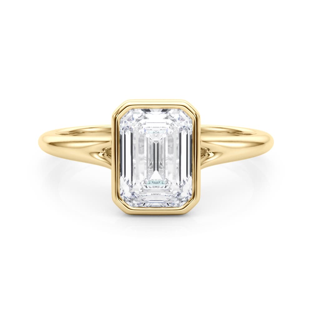 Bezel Set Emerald Cut Solitaire Engagement Ring, style 85415, On hand view in yellow gold