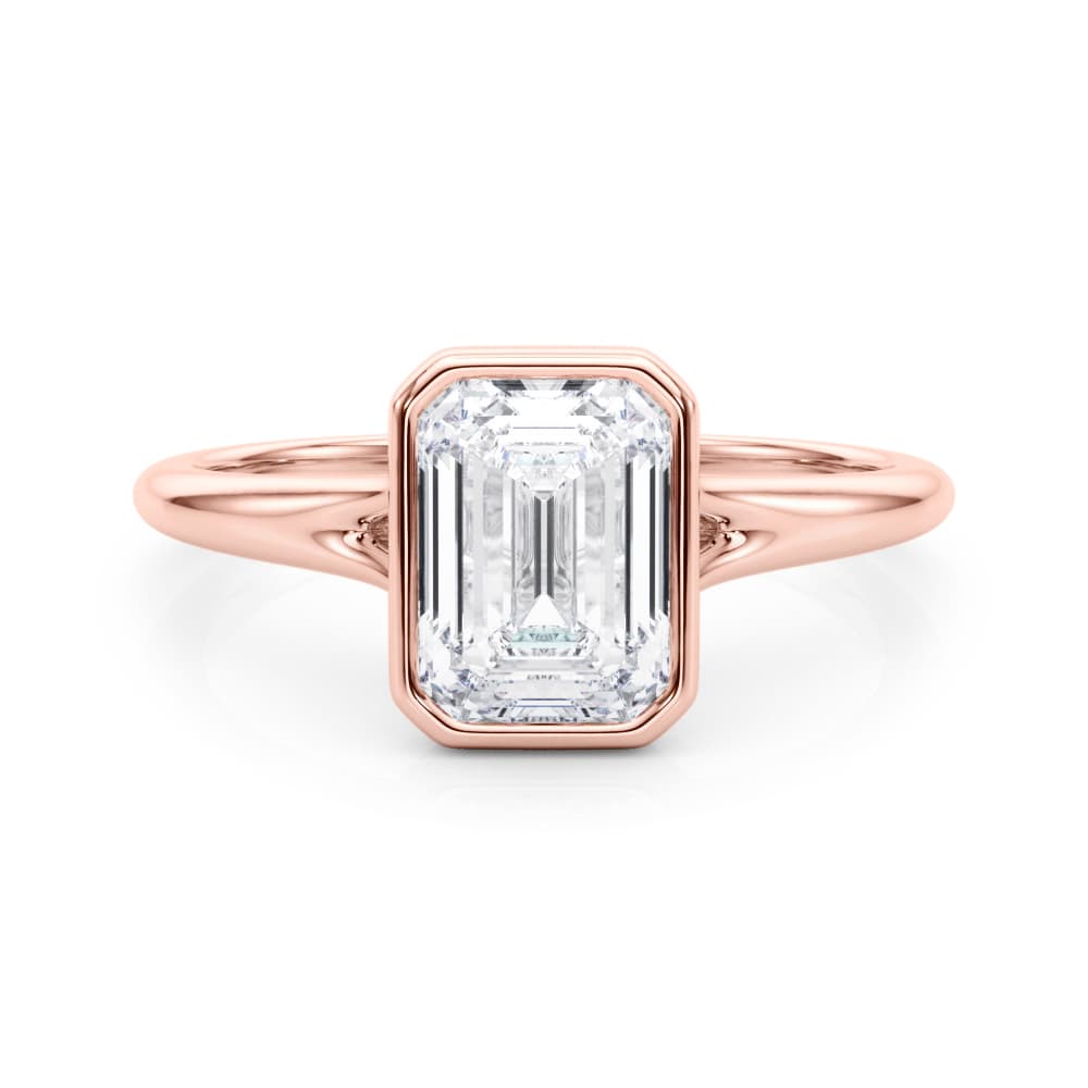 Bezel Set Emerald Cut Solitaire Engagement Ring, style 85415, On hand view in rose gold