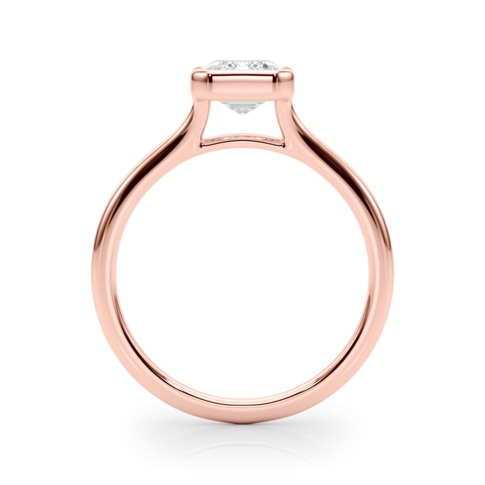 Bezel Set Emerald Cut Solitaire Engagement Ring, style 85415, Side view in rose gold