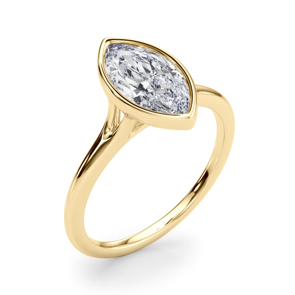 Bezel Set Marquise Solitaire Engagement Ring, style 85416, Angle view in yellow gold