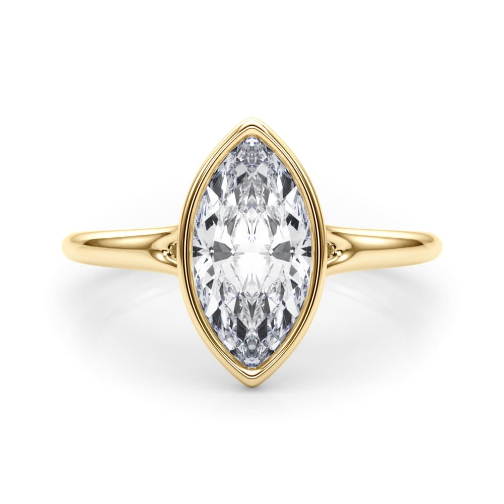 Bezel Set Marquise Solitaire Engagement Ring, style 85416, On hand view in yellow gold