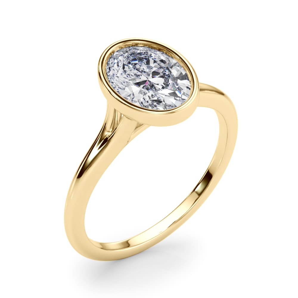 Bezel Set Oval Solitaire Engagement Ring, style 85417, Angle view in yellow gold