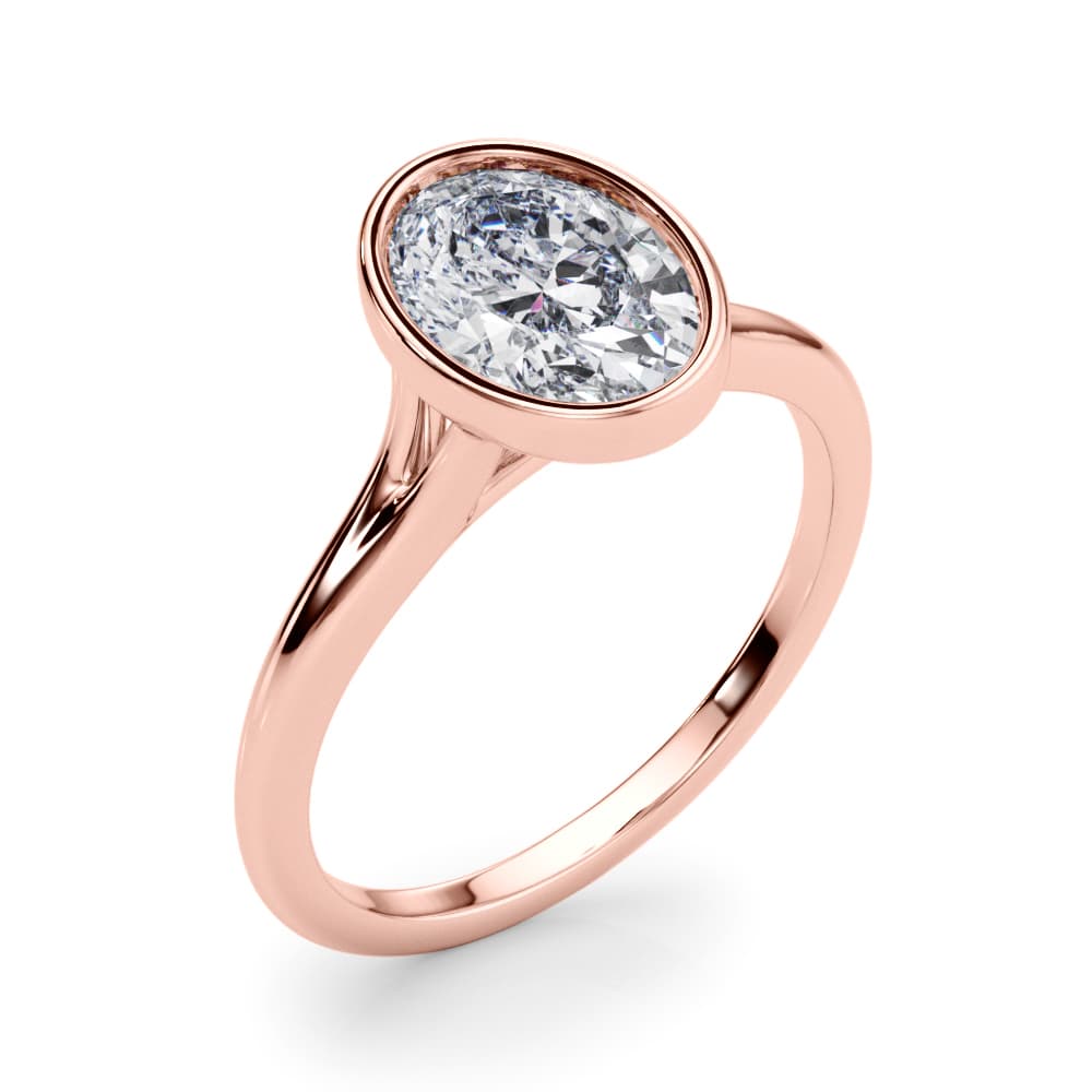 Bezel Set Oval Solitaire Engagement Ring, style 85417, Angle view in rose gold