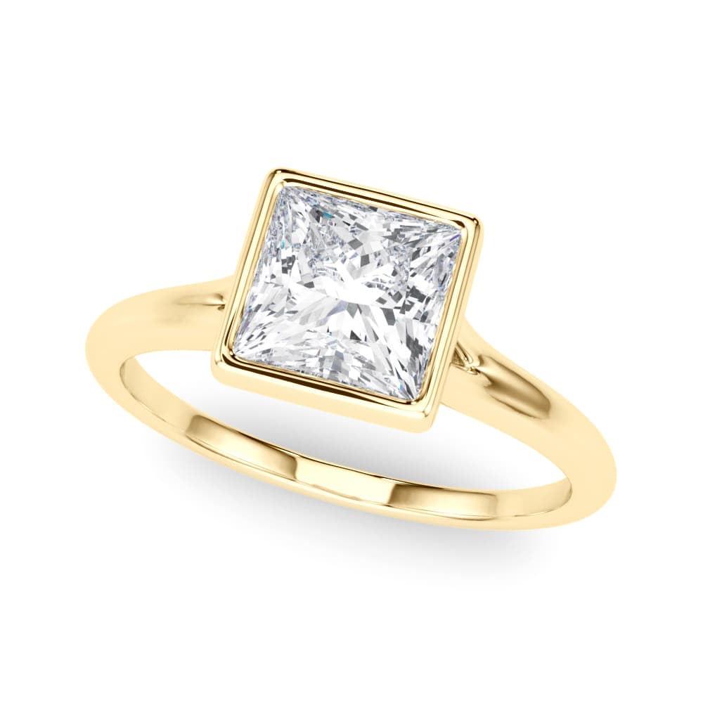 Bezel Set Princess Cut Solitaire Engagement Ring, style 85418, Front view in yellow gold