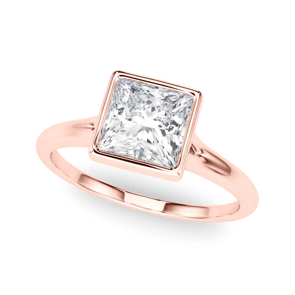 Bezel Set Princess Cut Solitaire Engagement Ring, style 85418, Front view in rose gold