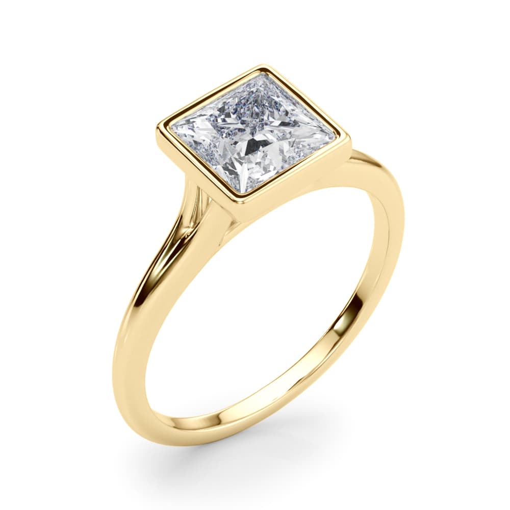 Bezel Set Princess Cut Solitaire Engagement Ring, style 85418, Angle view in yellow gold