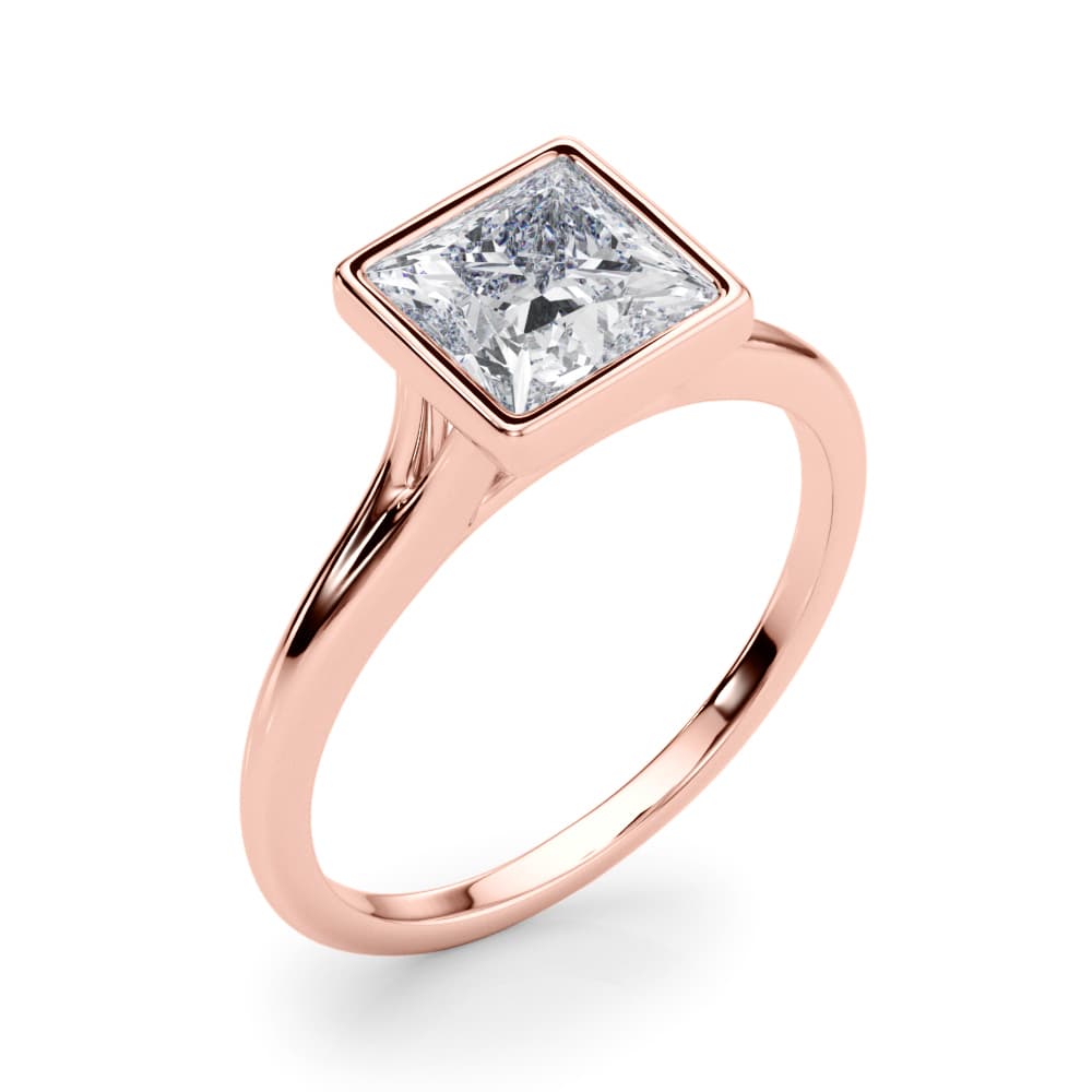 Bezel Set Princess Cut Solitaire Engagement Ring, style 85418, Angle view in rose gold