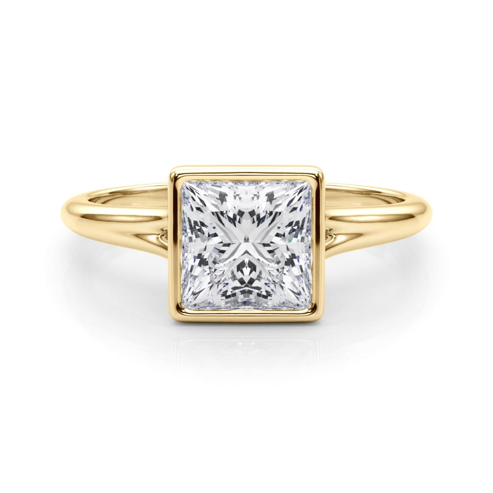 Bezel Set Princess Cut Solitaire Engagement Ring, style 85418, On hand view in yellow gold