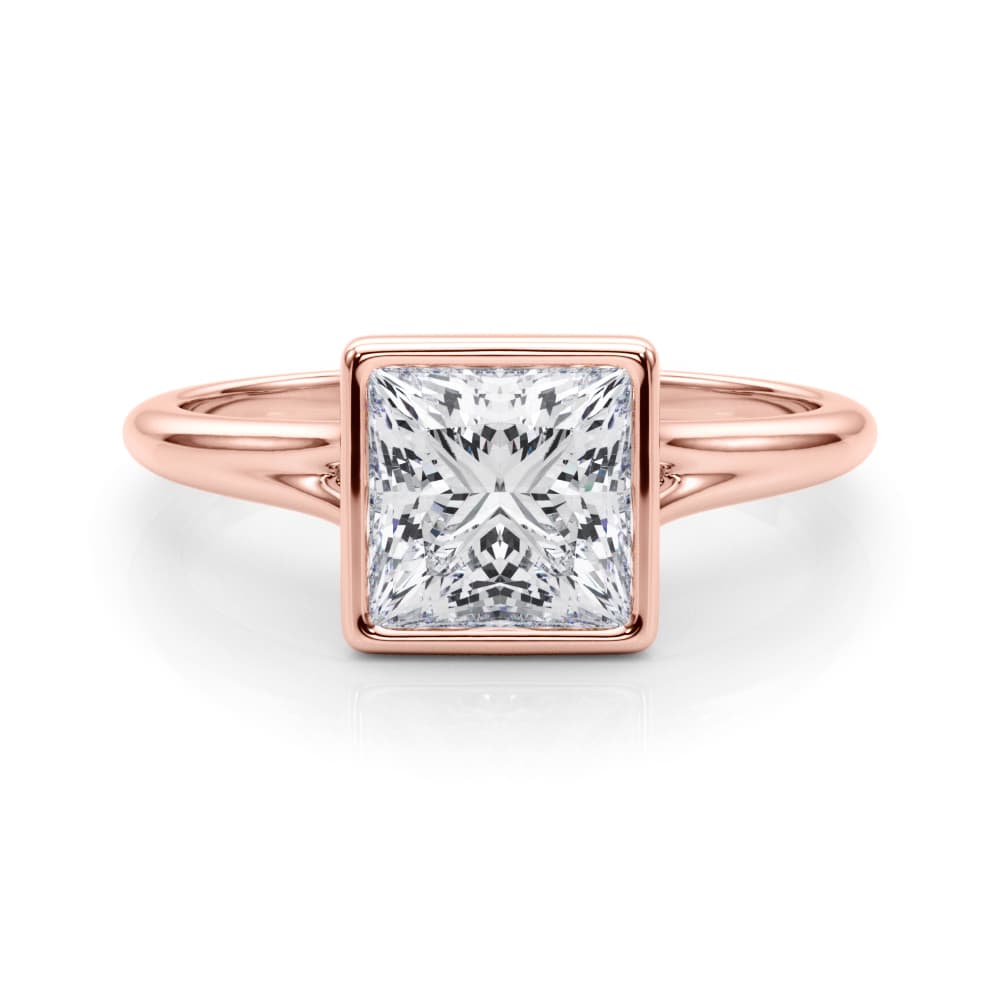 Bezel Set Princess Cut Solitaire Engagement Ring, style 85418, On hand view in rose gold