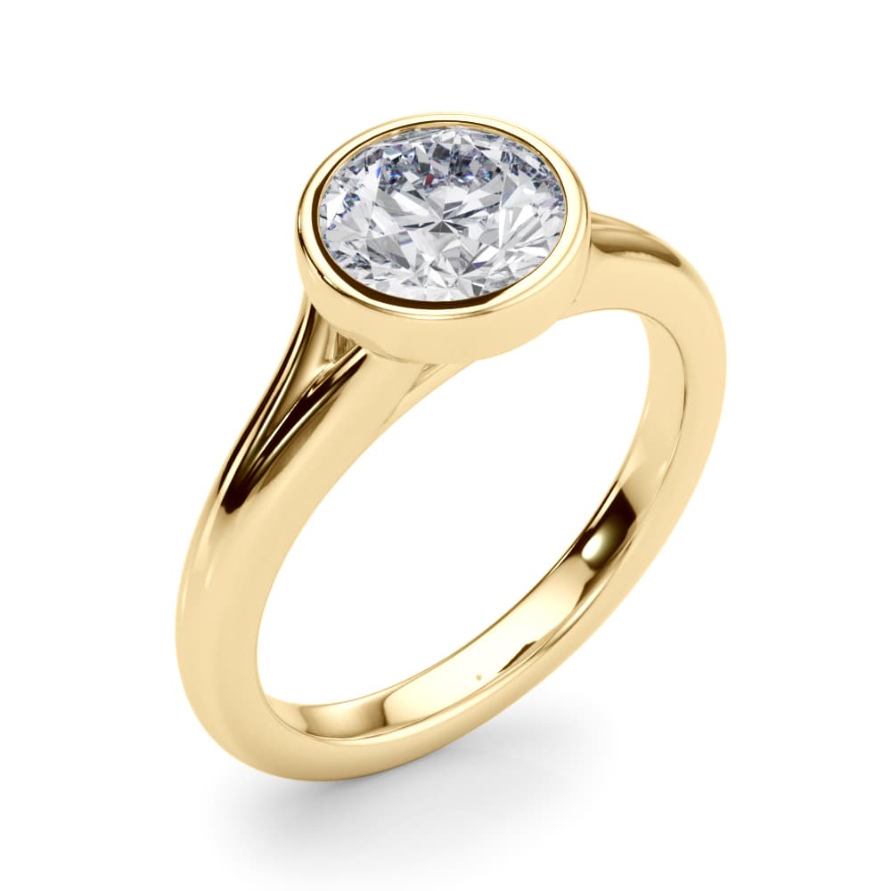 Round Bezel Set Solitaire Engagement Ring, style 85420, Angle view in yellow gold