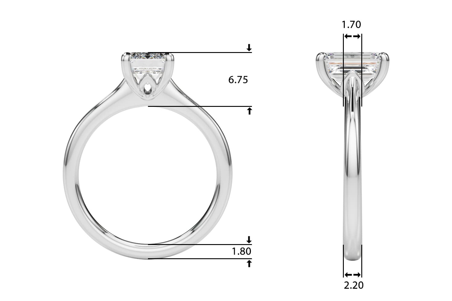 Solitaire Emerald Cut Engagement Ring, style 85428, Top view in white gold or platinum