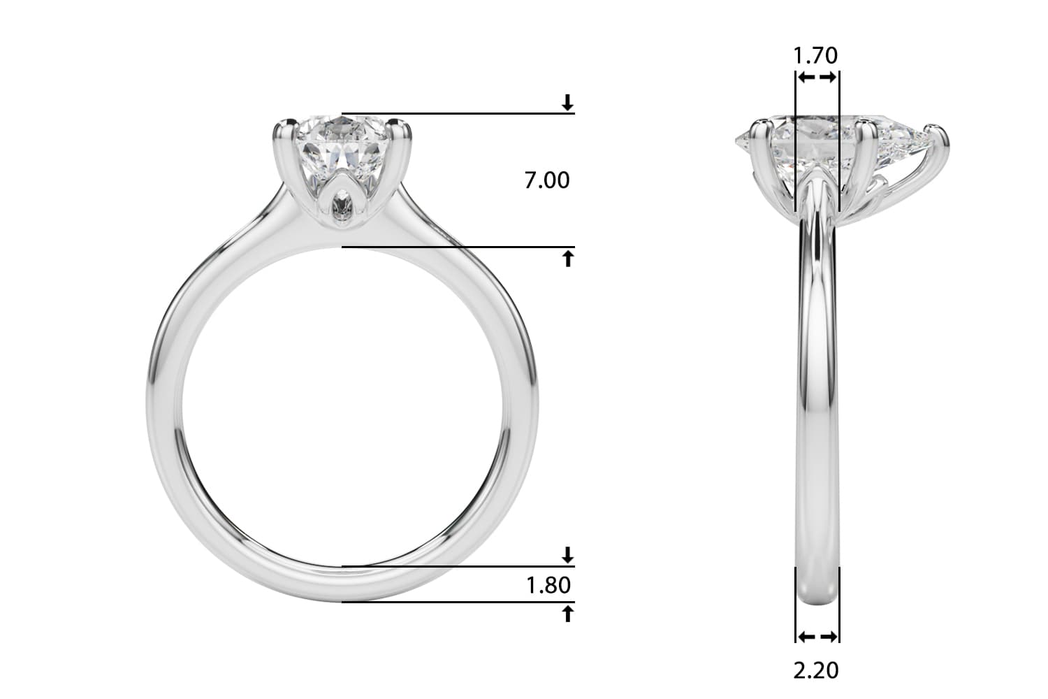 Solitaire 7.5X5.25 Pear, style 85429, Top view in white gold or platinum