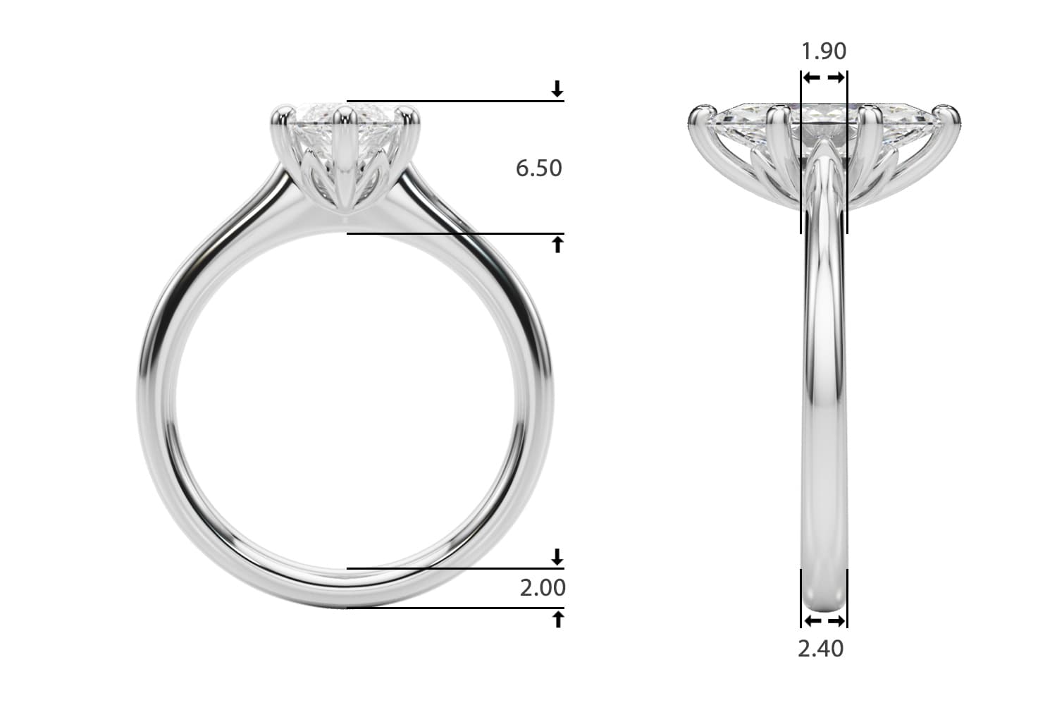 Solitaire Marquise Engagement Ring, style 85431, Top view in white gold or platinum