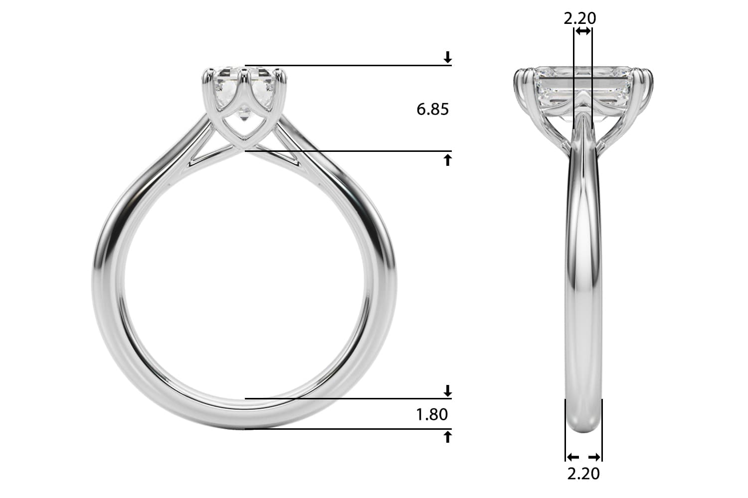 6-Prong Solitaire Emerald Cut Engagement Ring, style 85432, Top view in white gold or platinum