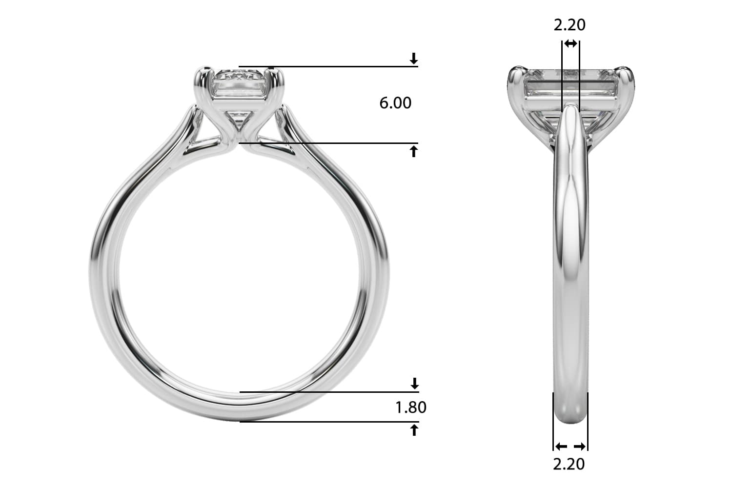 Solitaire Emerald Cut Engagement Ring, style 85436, Top view in white gold or platinum