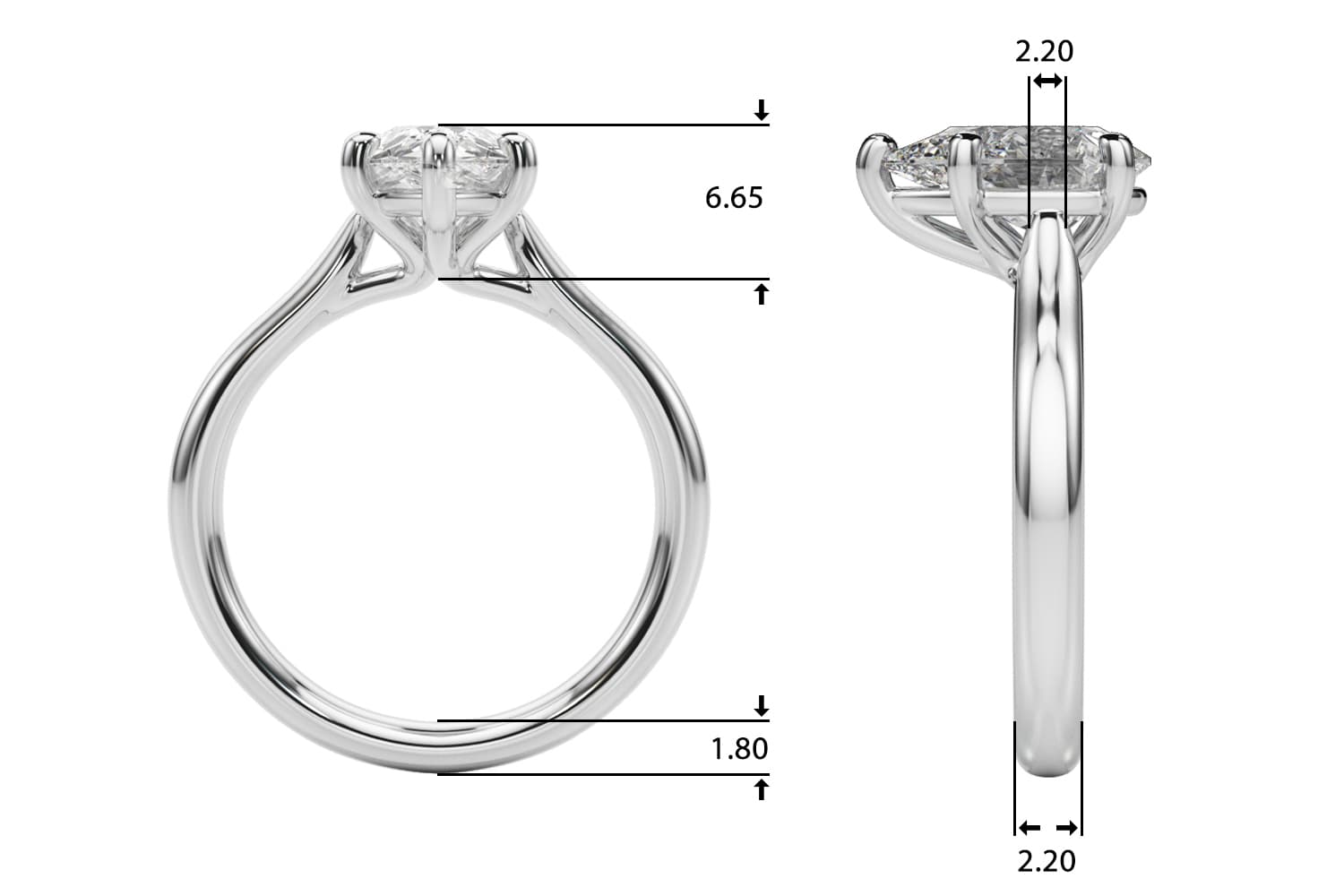 Solitaire Pear, style 85437, Top view in white gold or platinum