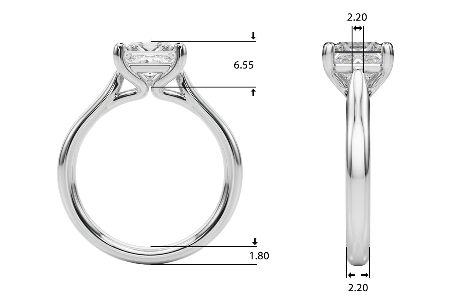 Solitaire Princess Cut Engagement Ring, style 85438, Top view in white gold or platinum
