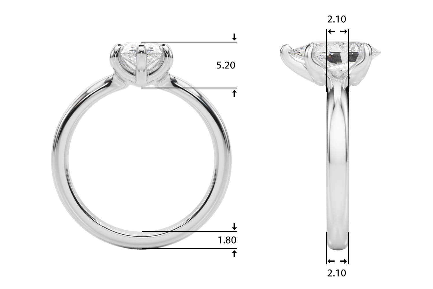 Solitaire Pear, style 85444, Top view in white gold or platinum