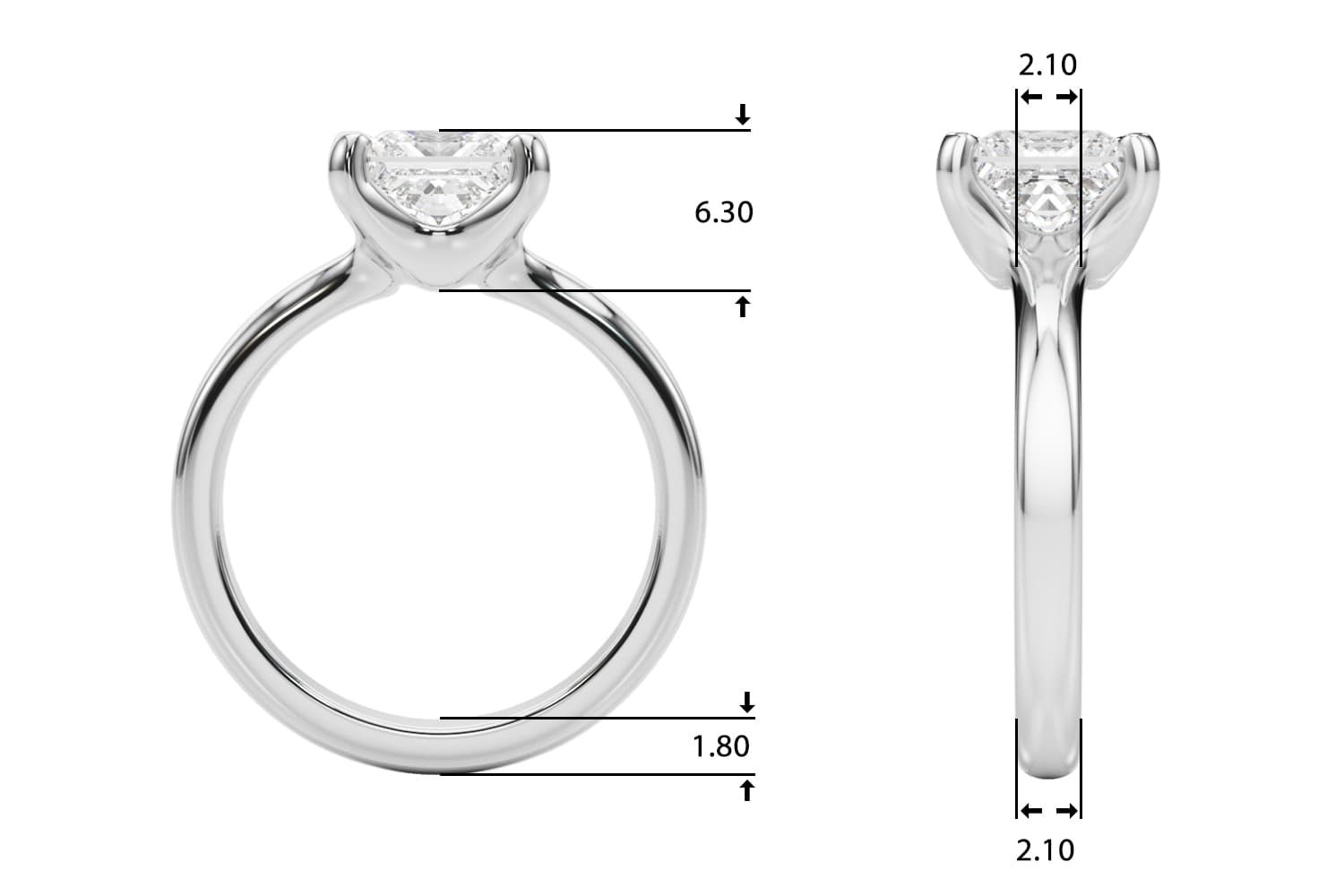 Solitaire Princess Cut Engagement Ring, style 85445, Top view in white gold or platinum