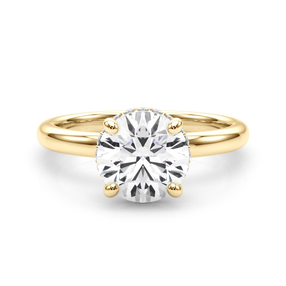 Double Hidden Halo Round Engagement Ring, style 85448, On hand view in yellow gold