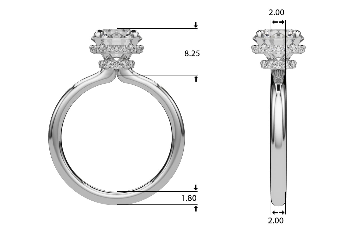 Double Hidden Halo Round Engagement Ring, style 85448, Top view in white gold or platinum