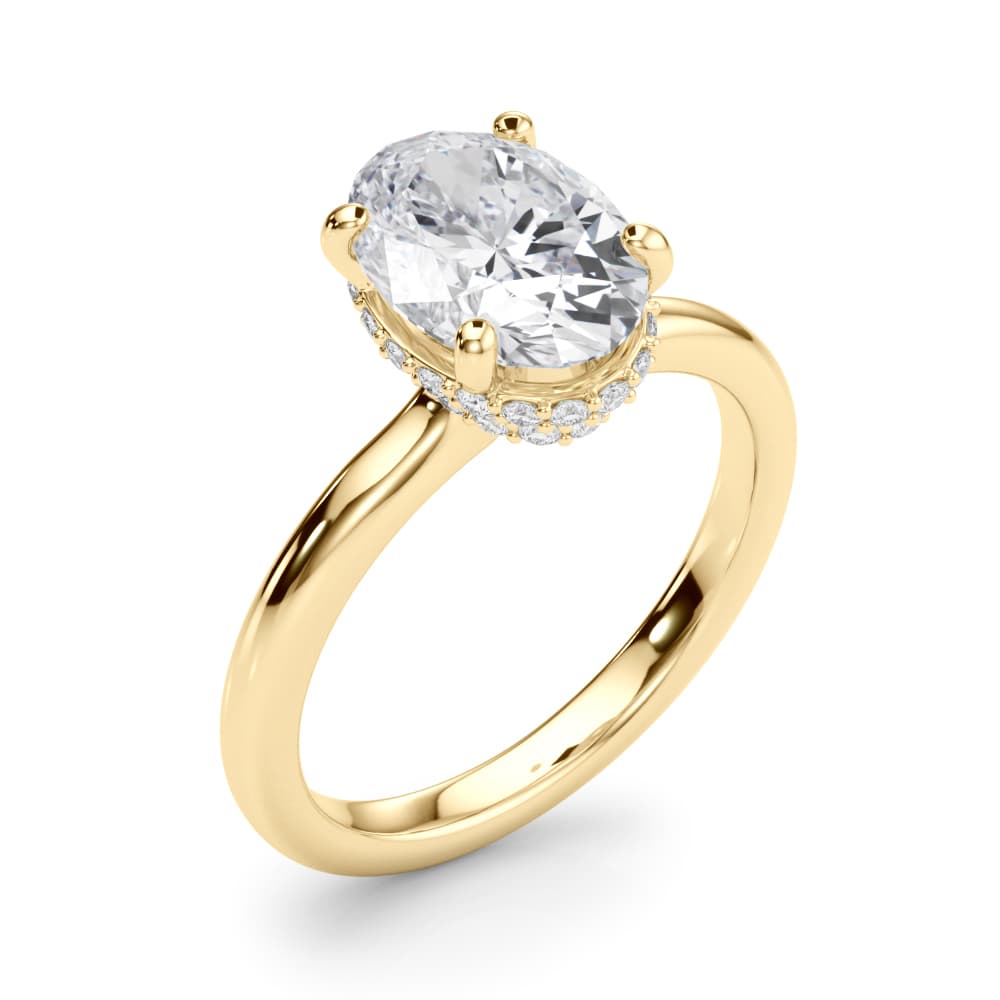 Double Hidden Halo Oval Engagement Ring, style 85449, Angle view in yellow gold