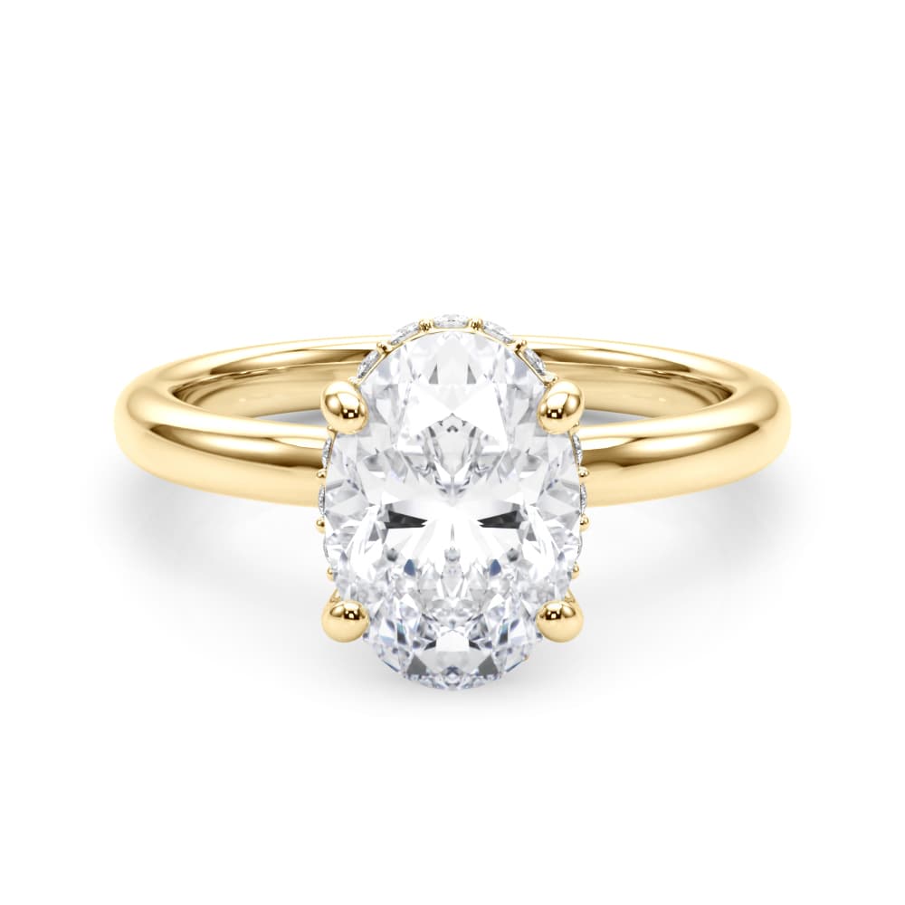 Double Hidden Halo Oval Engagement Ring, style 85449, On hand view in yellow gold
