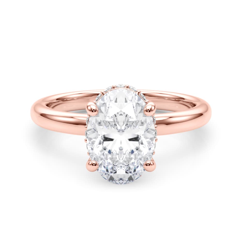 Double Hidden Halo Oval Engagement Ring, style 85449, On hand view in rose gold