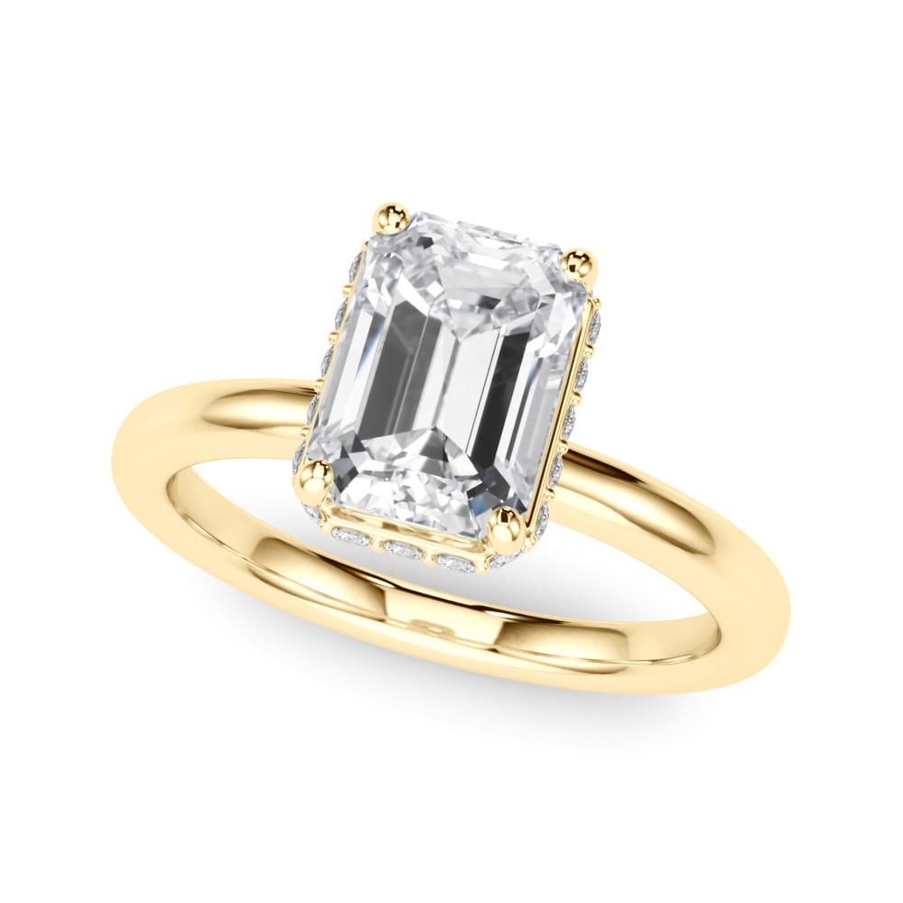 Double Hidden Halo Emerald Cut Engagement Ring, style 85450, Front view in yellow gold