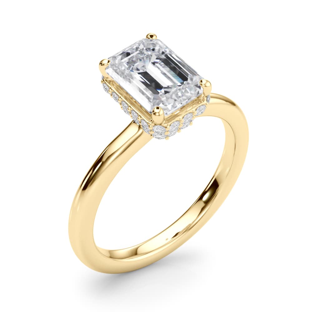 Double Hidden Halo Emerald Cut Engagement Ring, style 85450, Angle view in yellow gold