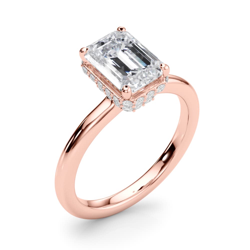 Double Hidden Halo Emerald Cut Engagement Ring, style 85450, Angle view in rose gold
