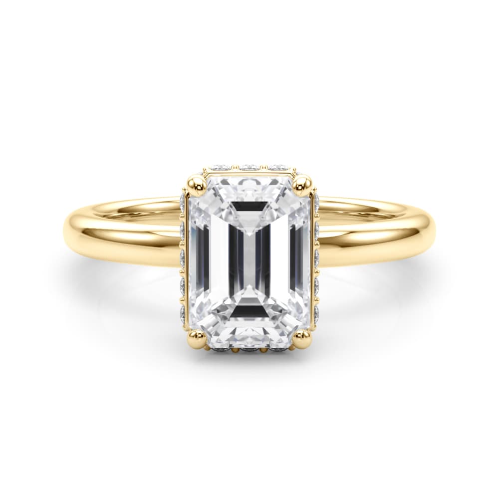 Double Hidden Halo Emerald Cut Engagement Ring, style 85450, On hand view in yellow gold