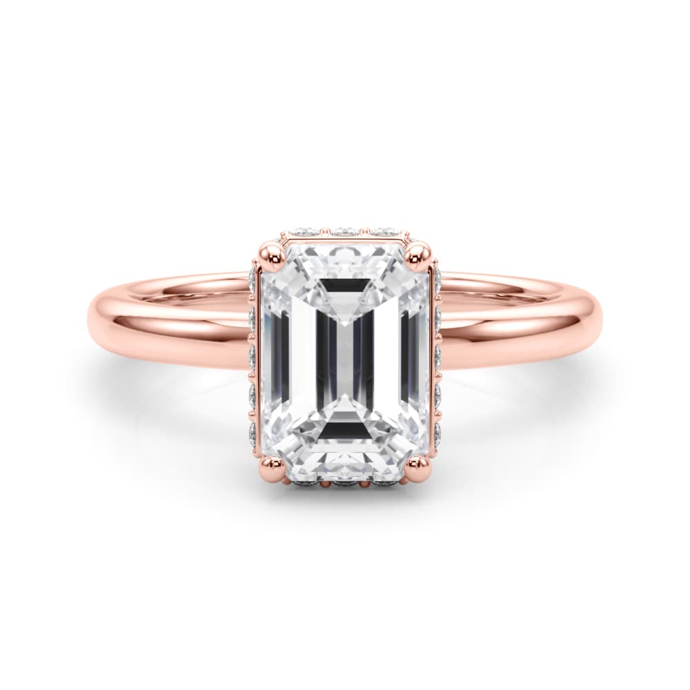 Double Hidden Halo Emerald Cut Engagement Ring, style 85450, On hand view in rose gold