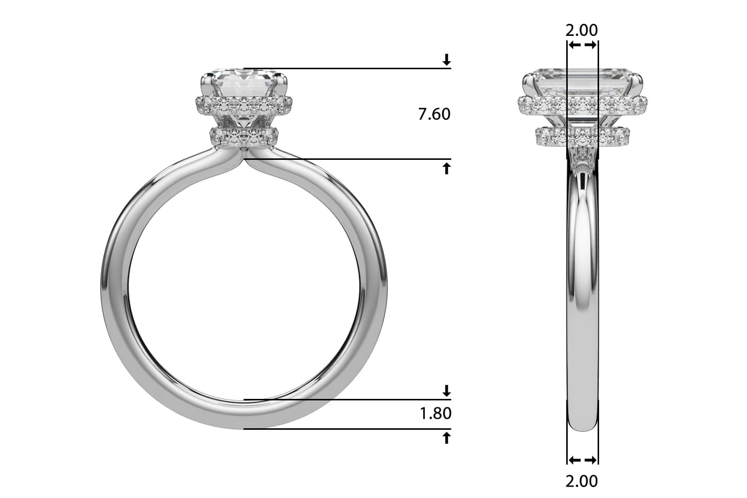 Double Hidden Halo Emerald Cut Engagement Ring, style 85450, Top view in white gold or platinum
