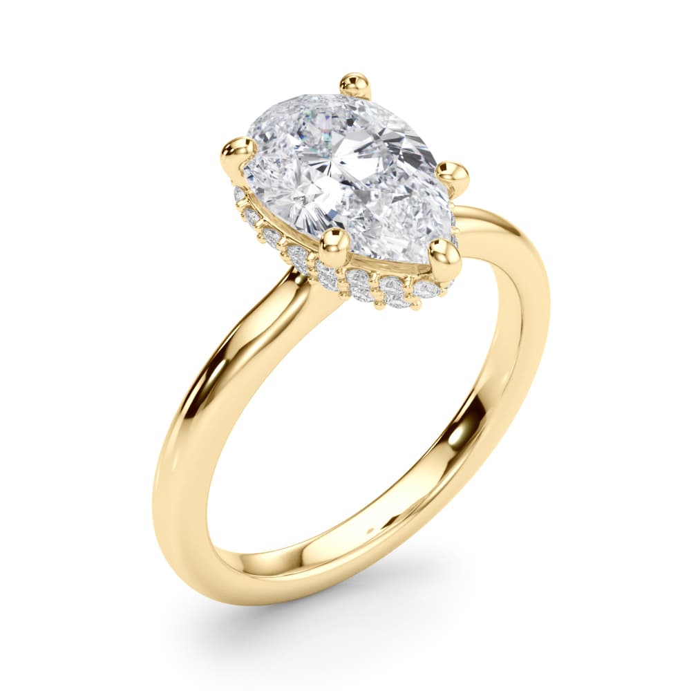 Double Hidden Halo Pear Engagement Ring, style 85451, Angle view in yellow gold