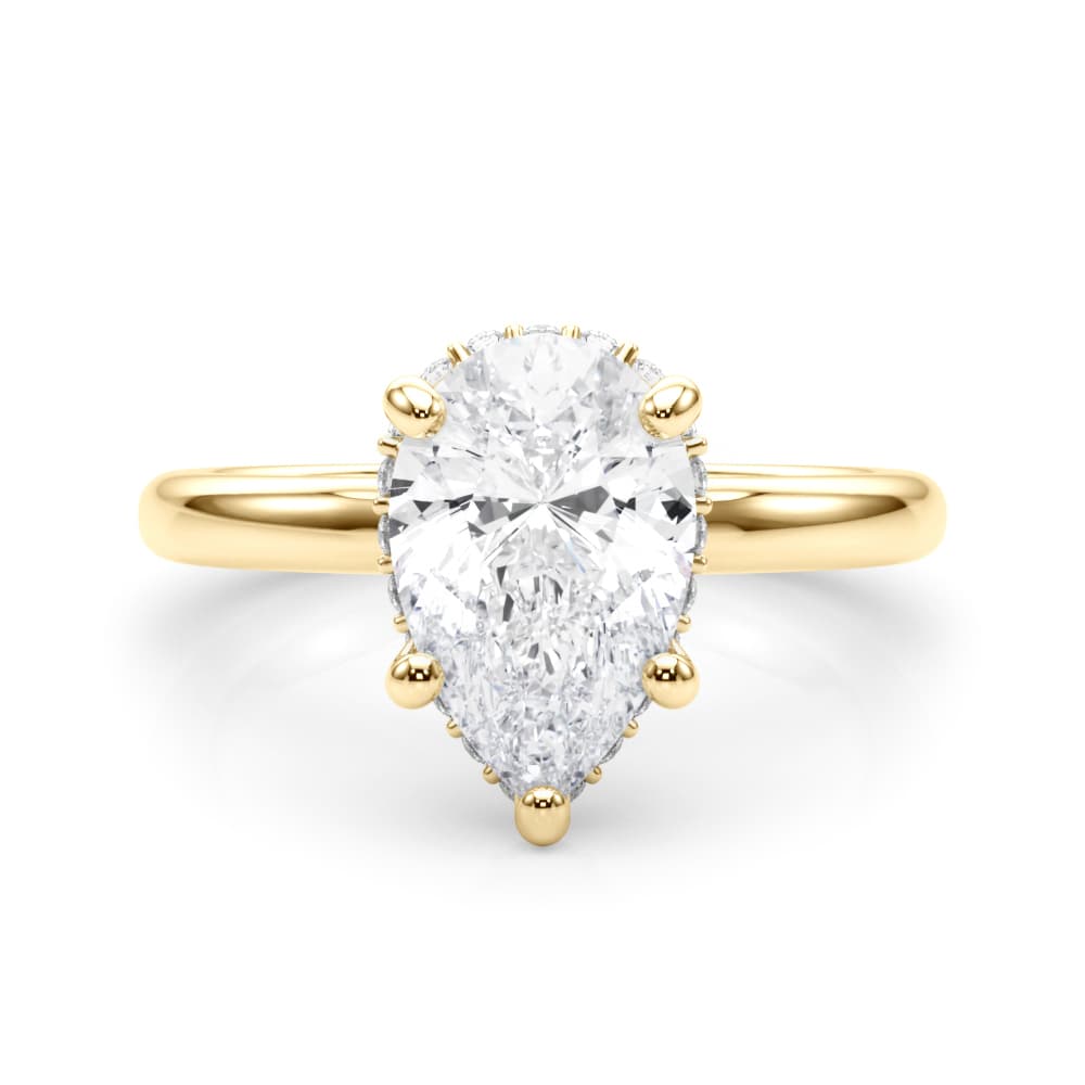 Double Hidden Halo Pear Engagement Ring, style 85451, On hand view in yellow gold