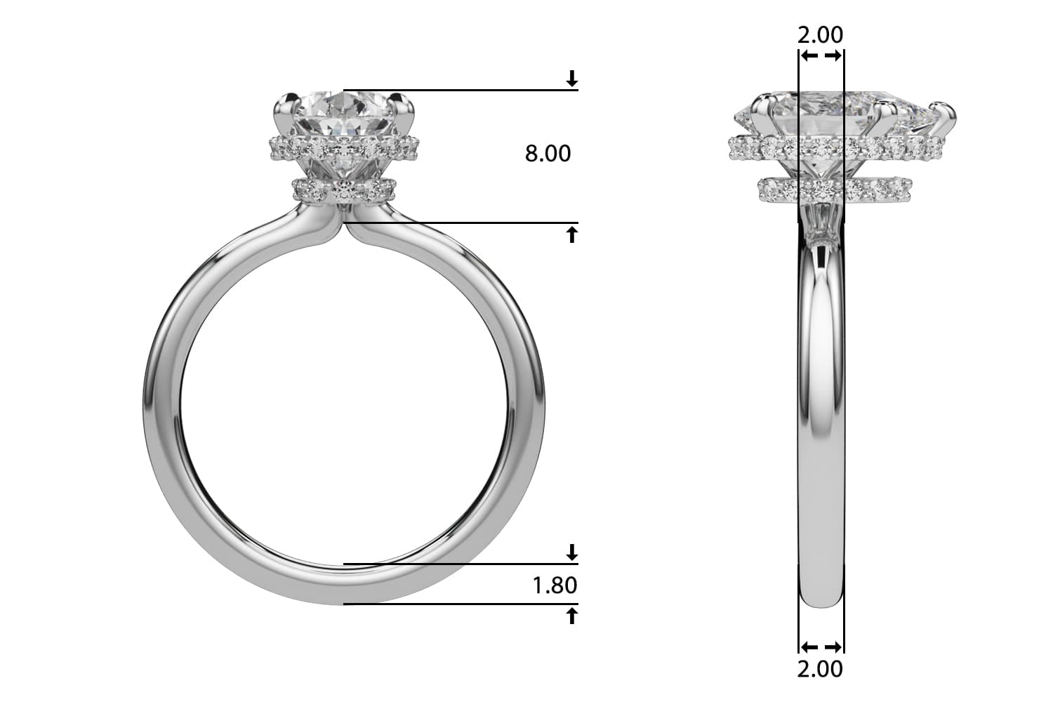 Double Hidden Halo Pear Engagement Ring, style 85451, Top view in white gold or platinum